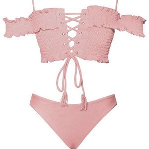 PALAWAN OFF SHOULDER LACE UP PINK TWO PIECE SWIM